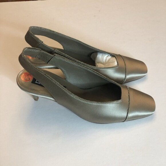 Pedro Garcia NEW Isauri Taupe Lentil Satin Slingback Square Toe Kitten Heel 6.5 - Picture 8 of 10